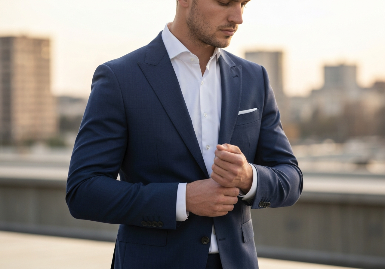 Mężczyzna w granatowej marynarce poprawia spinki, stoi na tle miejskiego krajobrazu oświetlonego złotą godziną