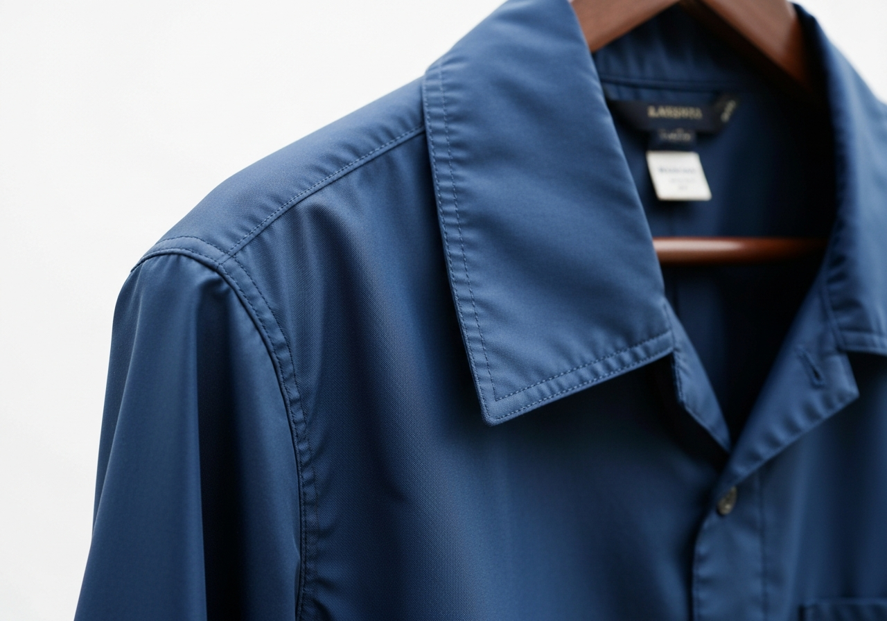 Błyszcząca nylonowa koszula na drewnianym wieszaku w naturalnym świetle, detal tkaniny, brak rozproszeń.