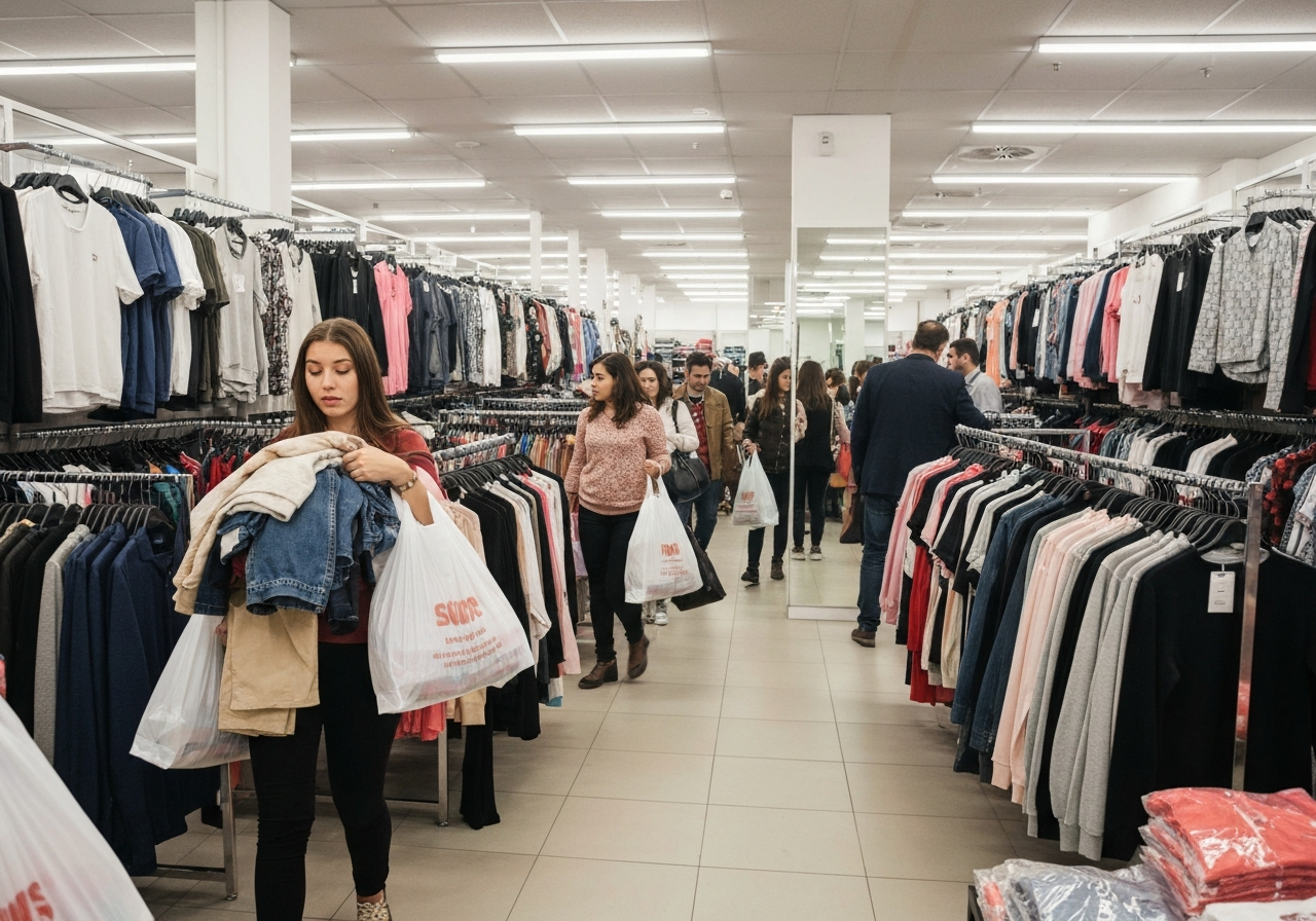 Wnętrze zatłoczonego sklepu fast fashion z klientami przeglądającymi ubrania i dużym lustrem odbijającym przestrzeń