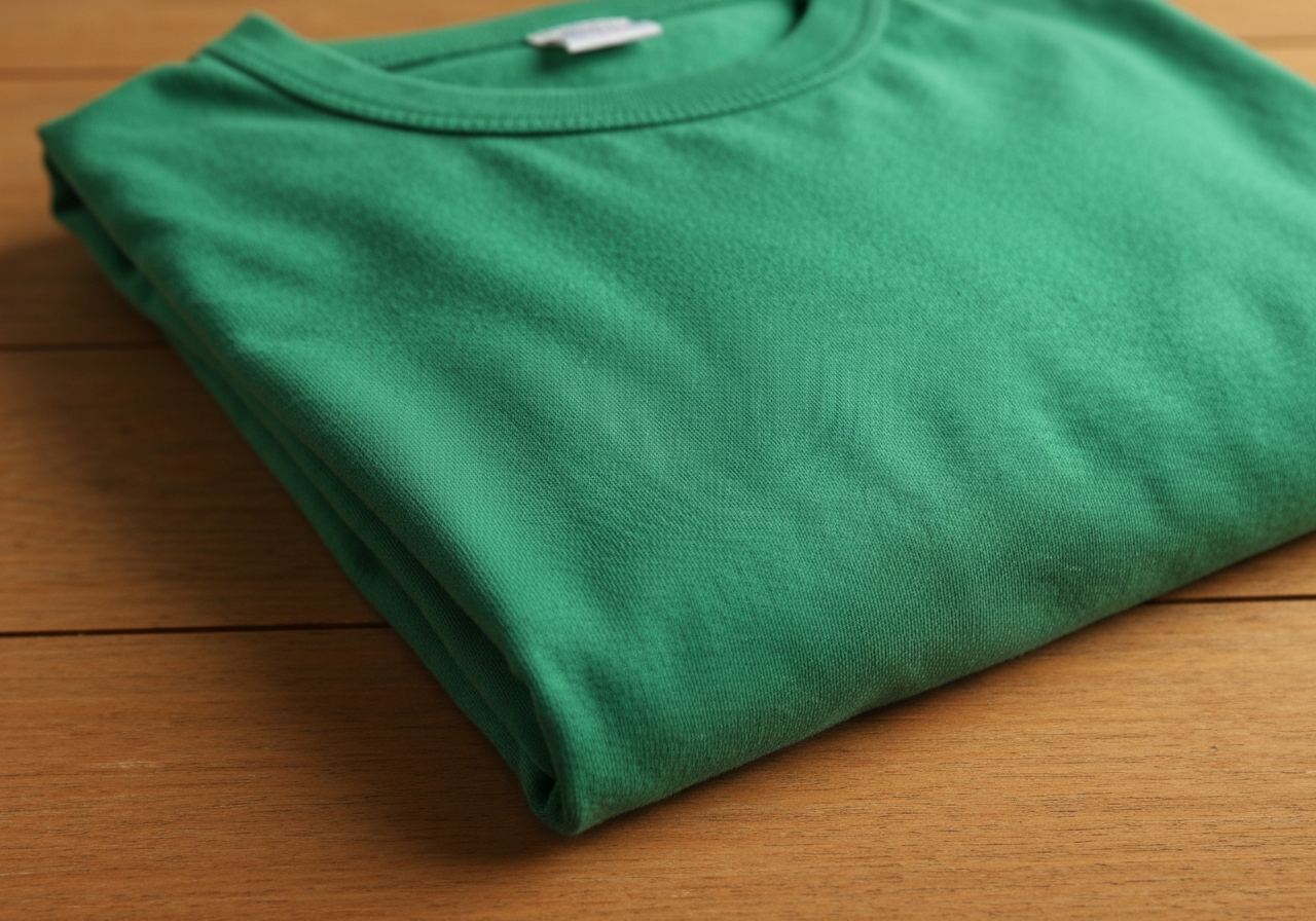 zielona, starannie złożona bawełniana koszula na drewnianym tle z widoczną fakturą tkaniny