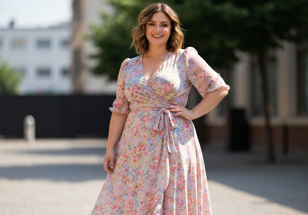 Pewna siebie kobieta plus size w pastelowej sukience midi stoi na tle miejskiego krajobrazu.