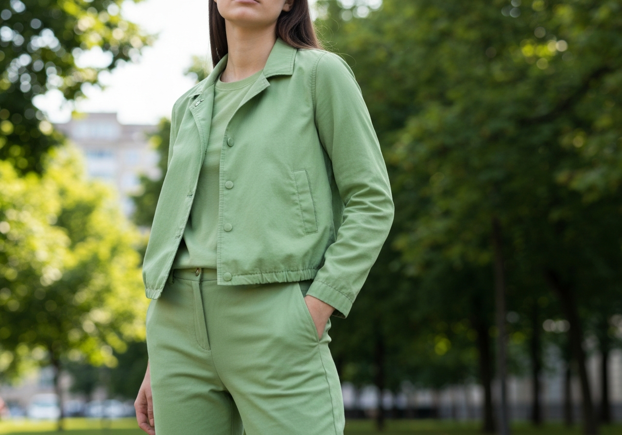 Model ubrany w pistacjową lekką kurtkę i spodnie, stojący w parku na tle zieleni.