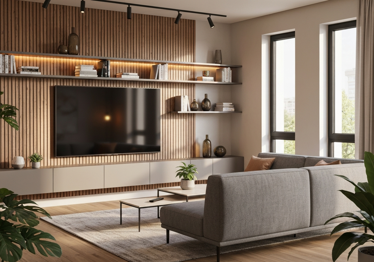 Nowoczesny salon z narożnikiem, telewizorem na drewnianej ścianie i roślinami przy dużych oknach.