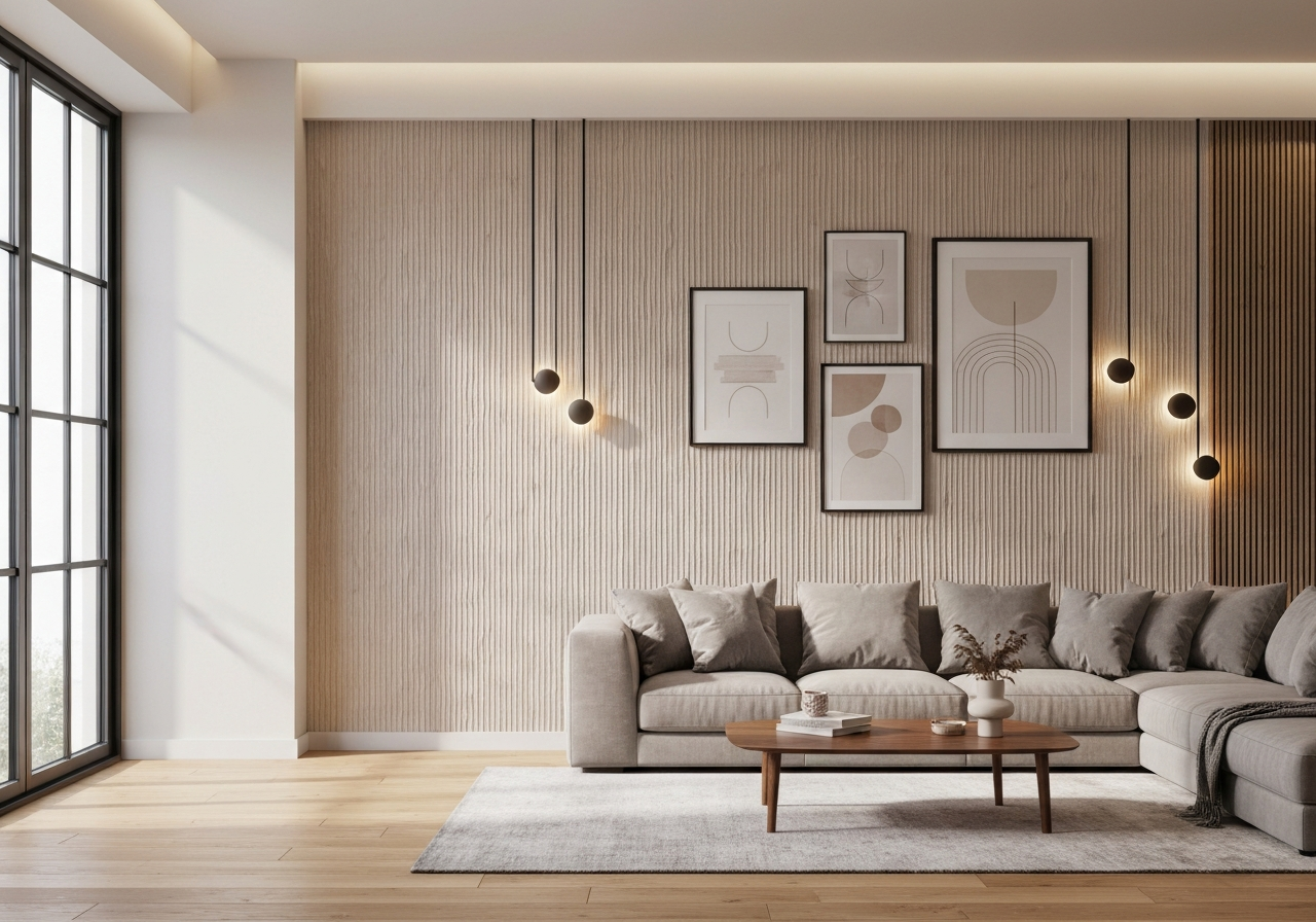 Nowoczesny salon z teksturowaną ścianą akcentową, minimalistyczną sztuką i komfortową sofą.